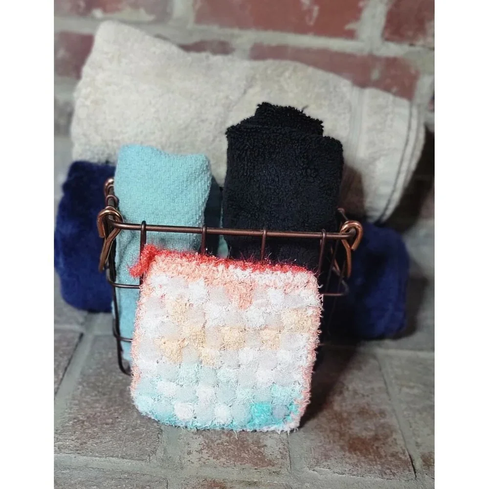 Sea foam green and coral shower scrubby